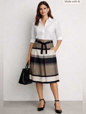 Belted Beige Gray Striped Midi Skirt Size 4 – Apanage Collection